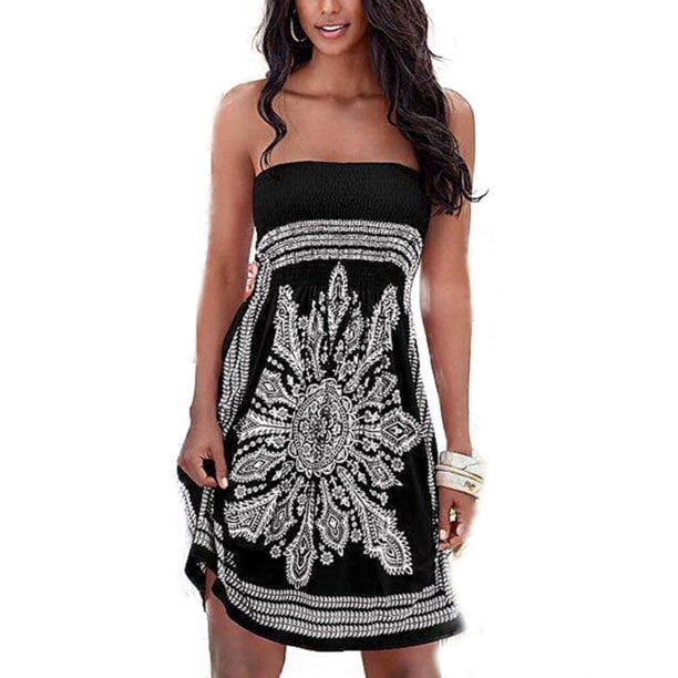 Telisoe Womens Strapless Bandeau Boob Tube Summer Mini Dress Loose