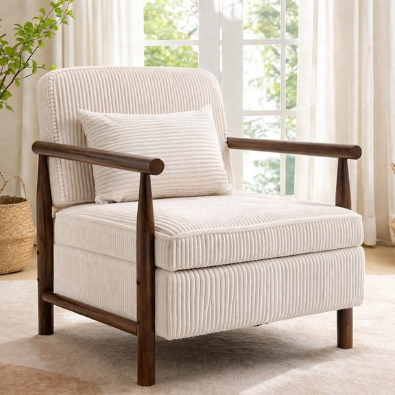 Legahome Accent Chair for Living Room, Antique White Accent Chair with Storage, Striped Chenille Fabric Arm Chair with Solid Wood Frame, Modern Reading Chair with Armrests for Bedroom