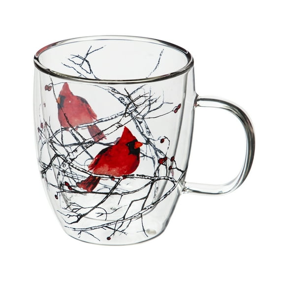 Cypress Double Wall Glass Café Cup w/ Box, 12 OZ., Cardinal on Branch
