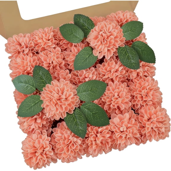25Pcs Realistic Artificial Coral Dahlia & Rose Flowers with Stems, Fake Flowers for DIY Wedding Bouquets, Centerpieces, Bridal Shower and Home Decor