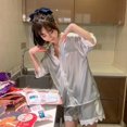 thumbnail image 1 of Pijama de seda de hielo de verano para mujer, conjunto de Top y pantalones cortos de manga corta de estilo coreano, secado rápido, ropa cómoda para el hogar, cuello en V, botones de encaje, 1 of 5