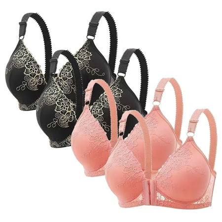 Gnurob Womens Plus Size Bra Front Closure Bralette Lace Seamless Bras Padded Push Up Bralettes No Underwire Underwear 4 PC Sports Everyday Wear Clearance Saving Pink Large