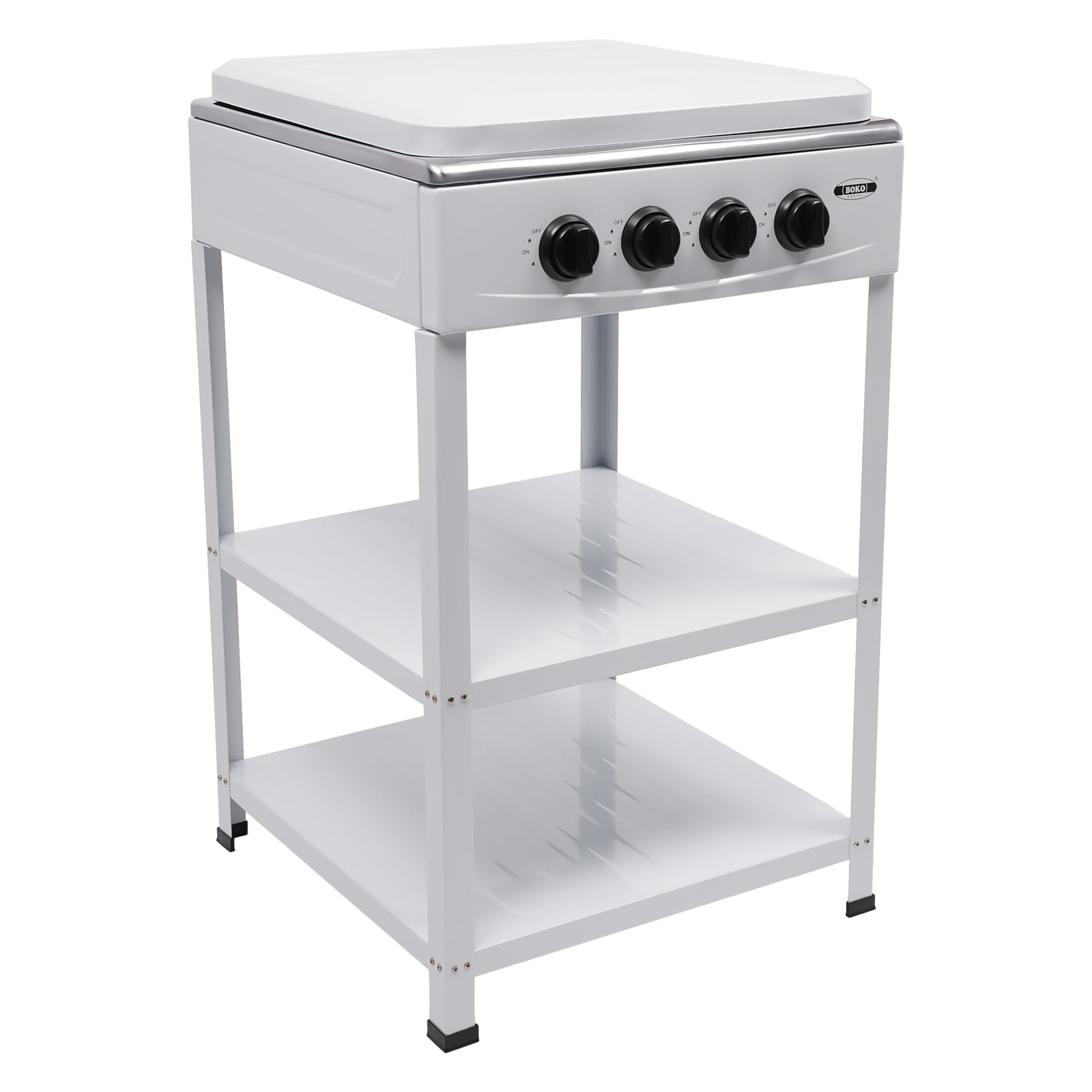 4 Burner Propane Gas LNG Fuel Camping Stove Stainless Steel Outdoor Cooker with 2 Storage Shelves White