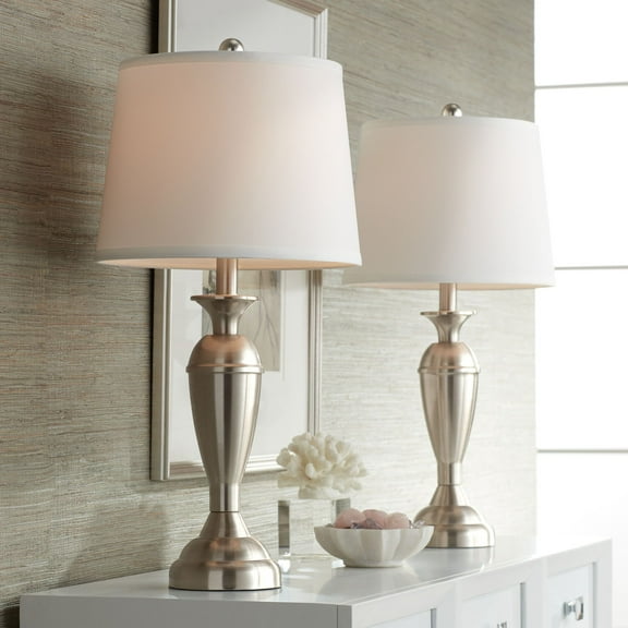Regency Hill Blair Traditional Table Lamps 25" High Set of 2 Brushed Nickel with Table Top Dimmers White Fabric Drum Shade for Bedroom Living Room