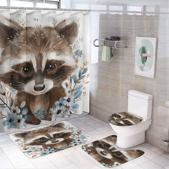 Raccoon Watercolor Flowers 4 Piece Shower Curtain Sets with Non-Slip Rugs Toilet Lid Cover And Bath Mat Forest Eye Raccoon Animals Waterproof Personality Pattern Bath Curtain for Bathtub Decor
