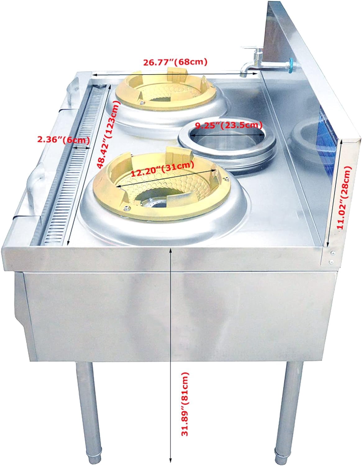 PreAsion Commercial Double-head High Fire Stove With Baffle and Water Basin Wok Range Burner Stainless Steel 12.2" 110V