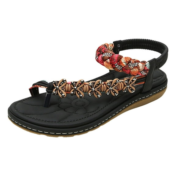 QYZEU Sandals Women Comfortable Dressy Womens Thong Sandals Bohemian Flower Rhinestone Women's Sandals Clip Toe Casual Plus Women's Shoes Travel Beach Sandals Black