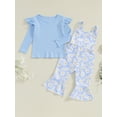 thumbnail image 2 of Suealasg Toddler Girls Fall Outfits Set Clothes 1T 2T 3T 4T 5T Fly Sleeve Ribbed T-shirt +Daisy Print Suspender Flared Pants 2Pcs Autumn Clothing for Little Girls, 2 of 7