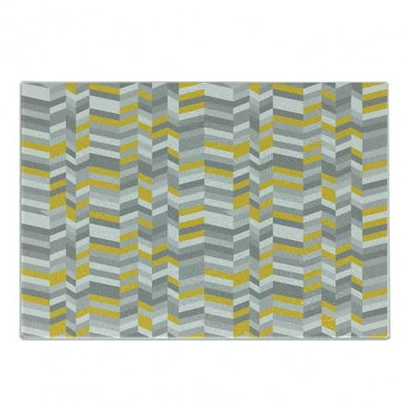 Grey and Yellow Cutting Board, Geometric Vintage 60s Home Pattern Inspired Herringbone Zig Zag Lines, Decorative Tempered Glass Cutting and Serving Board, Small Size, Grey Yellow, by Ambesonne