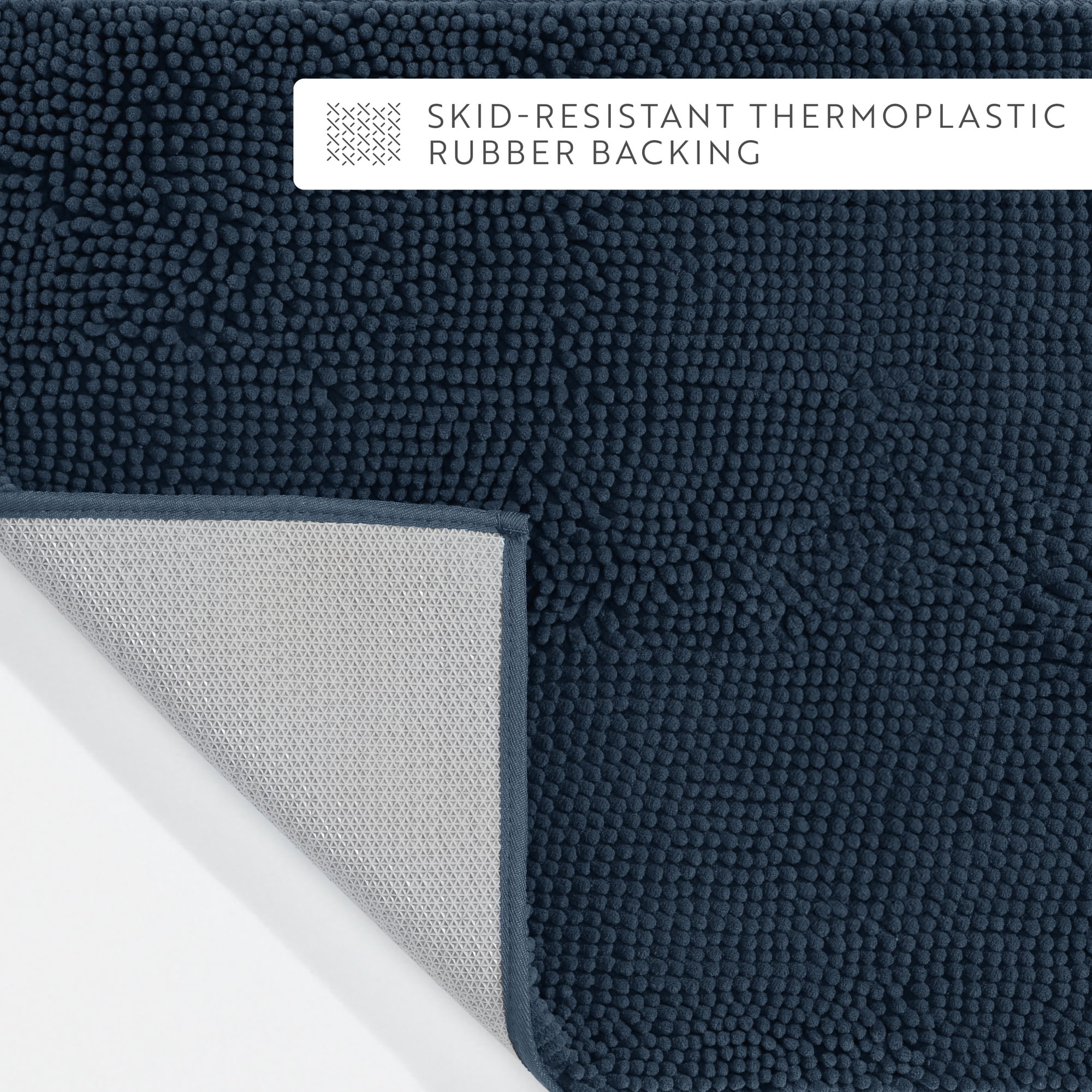 Soft Absorbent Chenille Bath Mat Rug with Anti-Skid Rubber Backing, 2 Pack, Navy, by Noble Linens