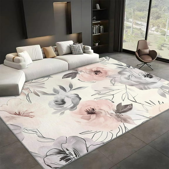 Area Rugs, Modern Elegant Hand-Drawn Flowers Rug Home Modern Carpet, Painted Peony Carpet Non-Slip Carpets Rectangle Rug For Living Room, Bedroom, Office And Indoor Decoration