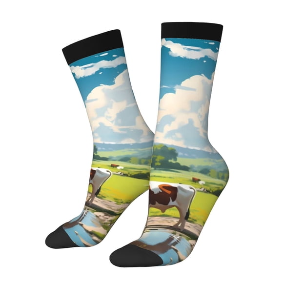 Saiise Countryside Farm Cow Print Unisex Crew Socks, Casual and Athletic Socks, Breathable Running Socks for Adults