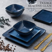 Vesteel 12 Pieces Square Dinnerware Sets, Ceramic Plates and Bowls Sets for 4, Handmade Reactive Glaze Dishes Set for Kitchen Dining, Microwave & Dishwasher Safe, Ocean Blue