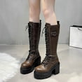 thumbnail image 5 of PiGOGI Women's Edgy Knee High Boots for Women Chunky Heel Lace Up Buckle Detail Faux Leather Punk Style Winter Boots Brown 40, 5 of 6