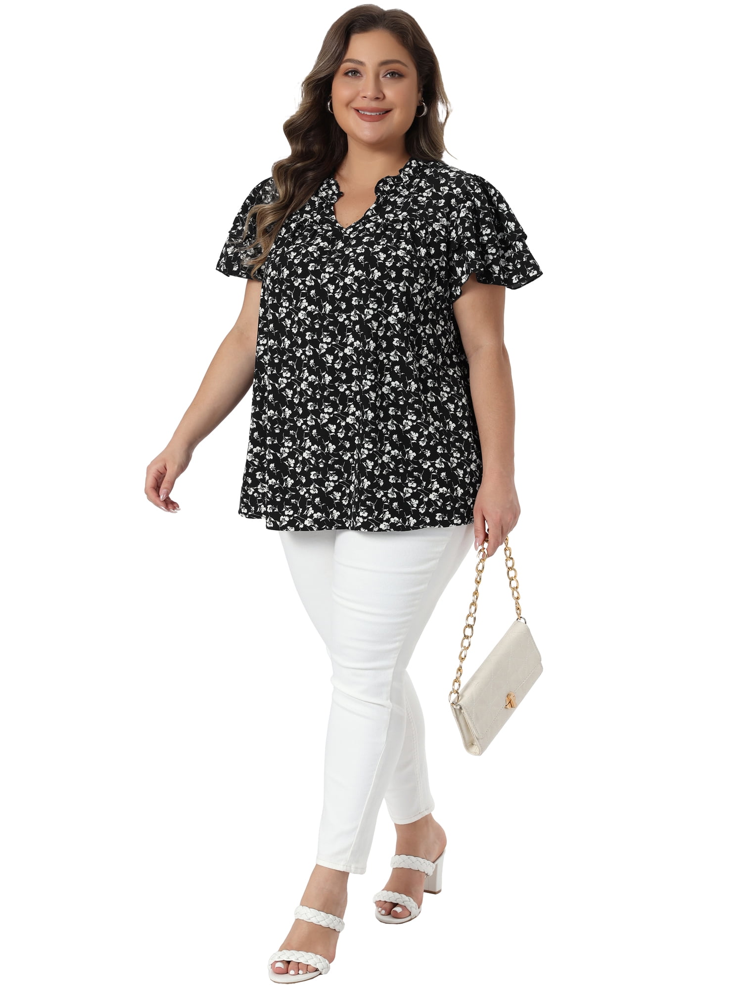 DARING DIVA Women's Plus Summer Ruffle V Neck Double Short Tops 4X Black