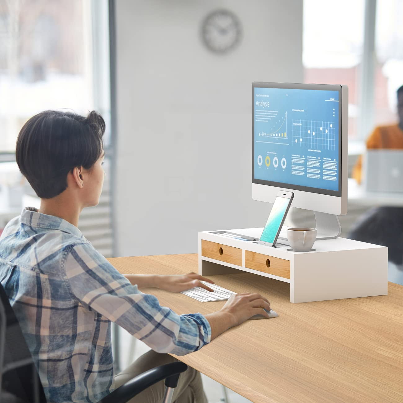 Bambloom Monitor Stand with 2 Drawers,White Wood Monitor Riser for Computer, Laptop, Printer,Tv