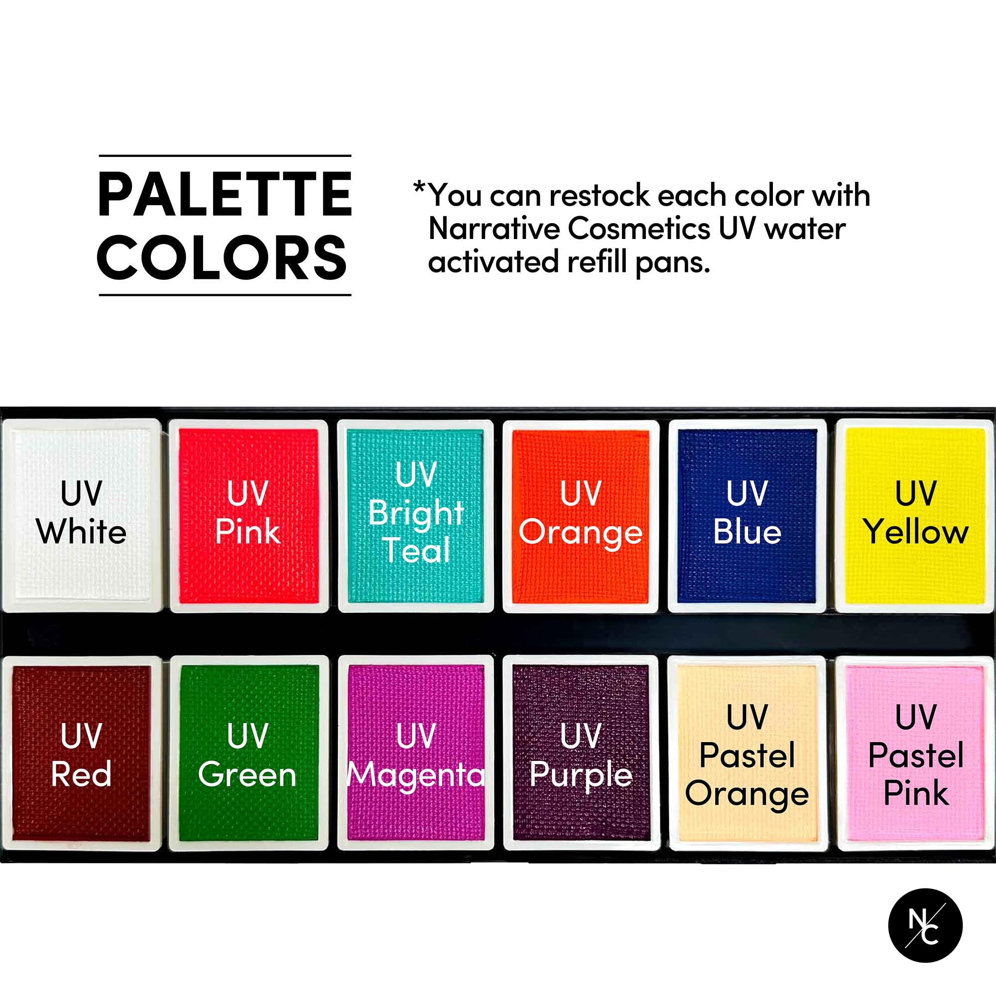 Narrative Cosmetics UV 12-Color Palette - Water-Activated Neon Glow Makeup for Face & Body - Fluorescent Shades for SFX, Party Makeup, Cosplay & Theatrical Performances