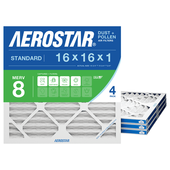 Aerostar 16x16x1 MERV 8 Air Filter, Pleated AC Furnace HVAC, Dust Pollen Pet Dander, 4 Pack