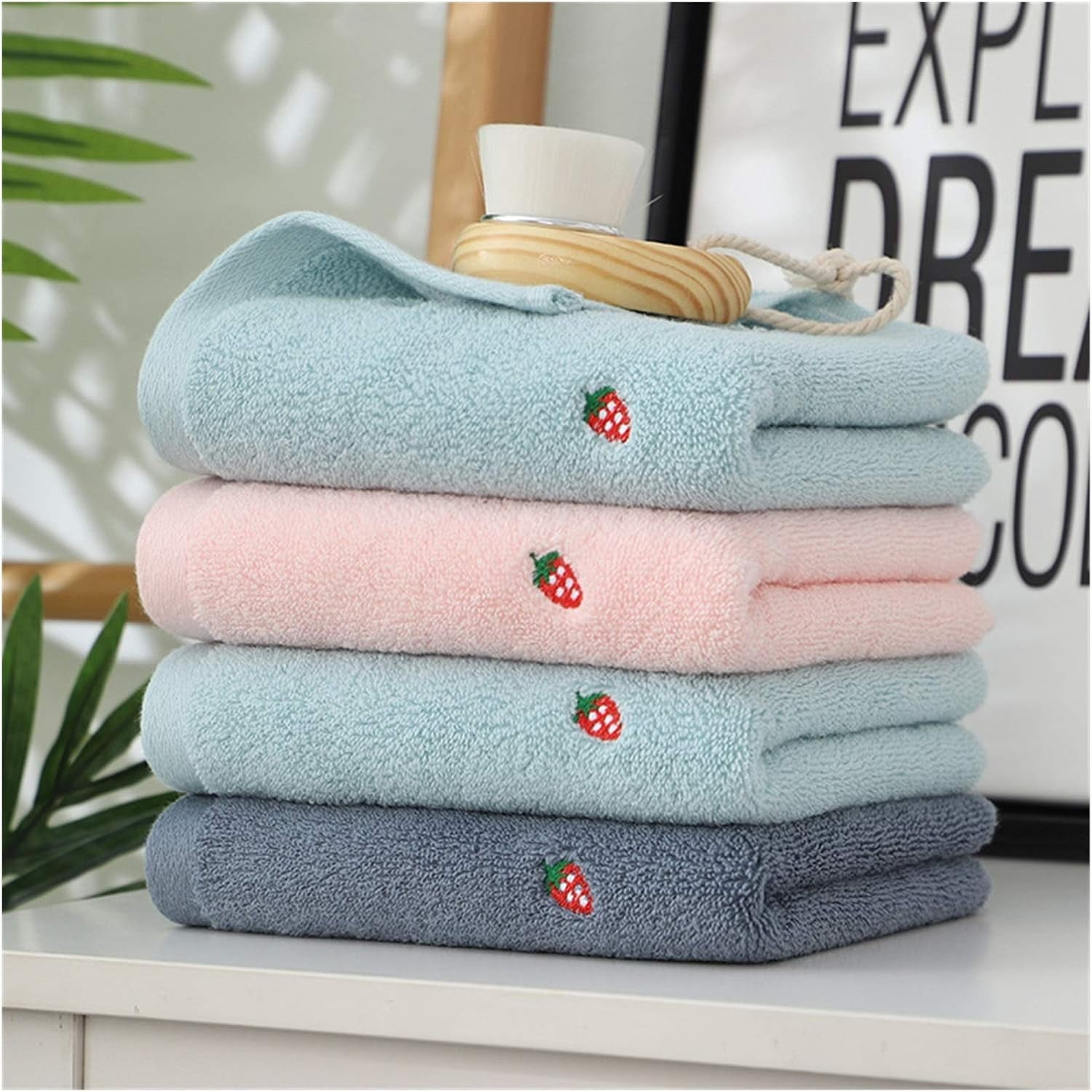 Cute bath towel New strawberry embroidered designer towel set cotton bath towel Ladies cute towel (Color : Pink, Size : 2pcs towel set) Pink 2pcs towel set