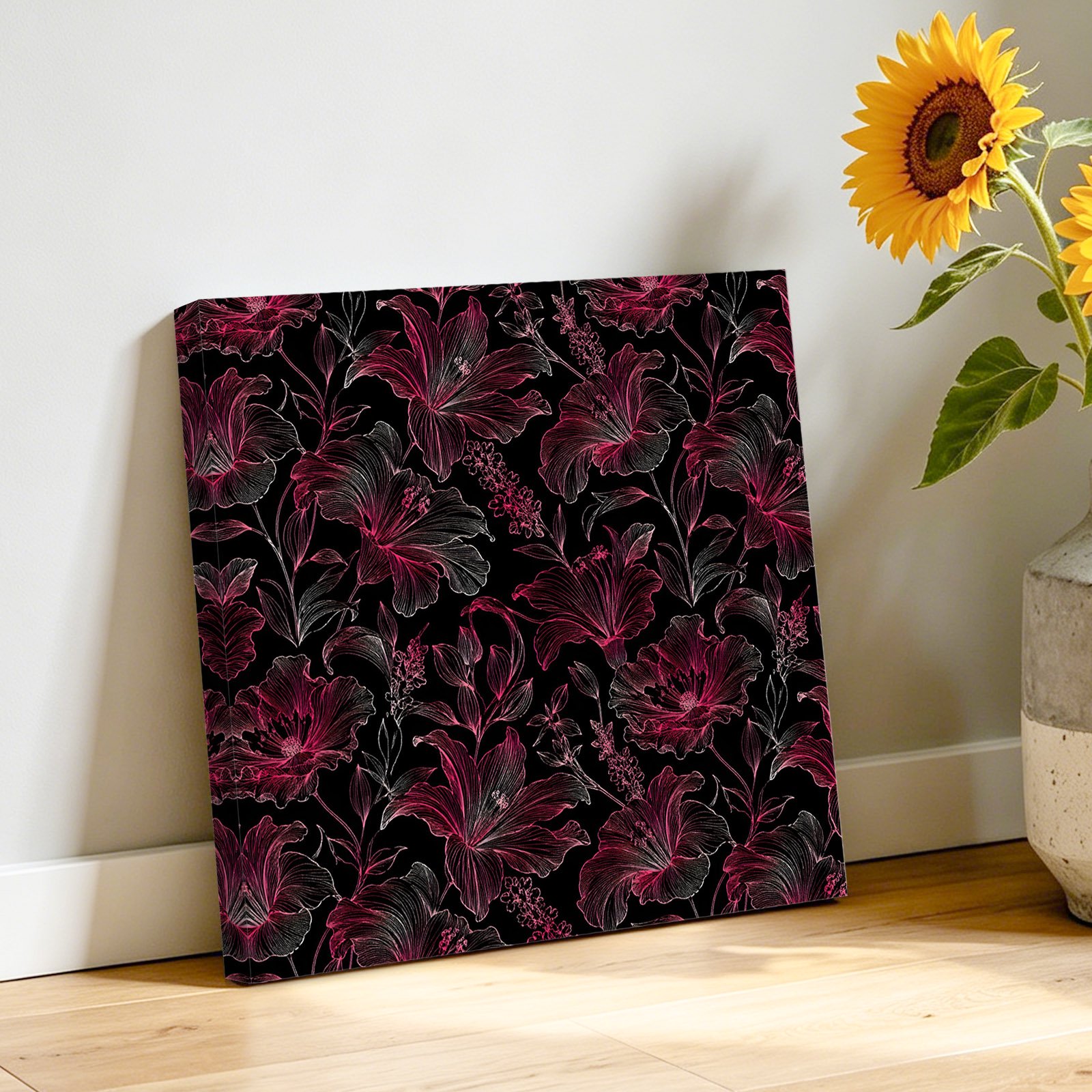 Metallic Lilies Canvas Wall Art Abstract Black Red Flower Botanical Tropical Fronds Pictures Wall Decor Wooden Framed Artwork Art Prints for Living Room Hallway Bedroom Office 16 x16