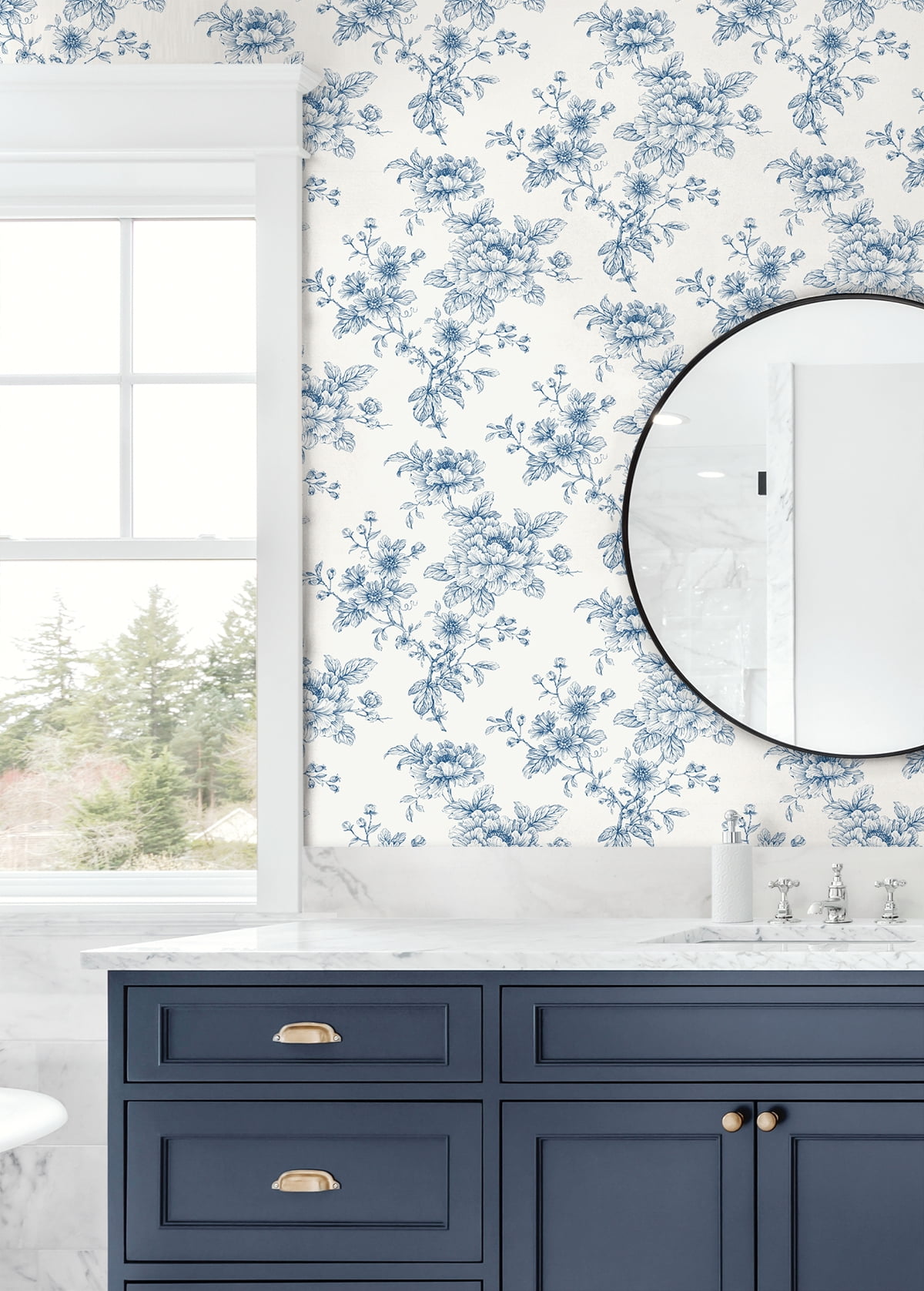 NextWall Blue Sketched Floral Peel and Stick Wallpaper