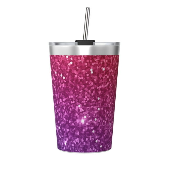 PAYOHTO Red Purple Gradient Glitter Insulated Stainless Steel Tumbler 12 oz Thermos Come with Straw Kids Leak-Proof Travel Mug Cup