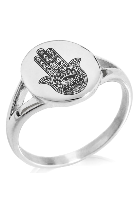Stainless Steel All Seeing Eye Hamsa Hand of Fatima Minimalist Oval Top Polished Statement Signet Ring