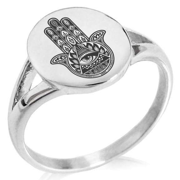 Stainless Steel All Seeing Eye Hamsa Hand of Fatima Minimalist Oval Top Polished Statement Signet Ring