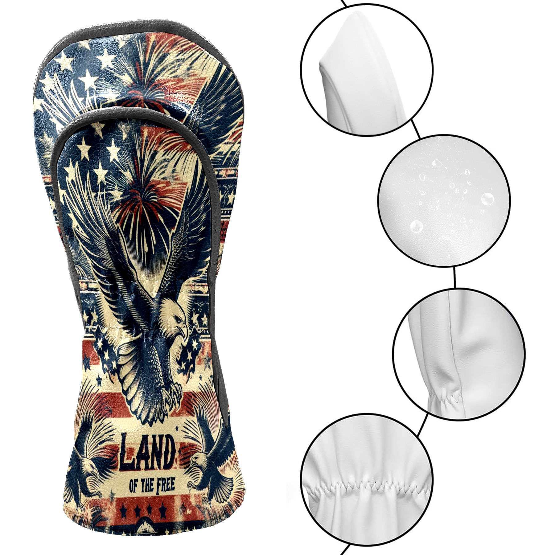 Golf Club Covers, Dark Blue Americana Eagle Premium PU Leather Driver Hybrid Putter Head Covers with Velvet Lining, Waterproof Golf Gifts for Men Women