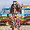 thumbnail image 3 of 70s Hippie Dress Costumes Necklace Earrings Sunglass Women Disco Outfit, 60s Party Costume, Halloween Retro Dresses, 3 of 7