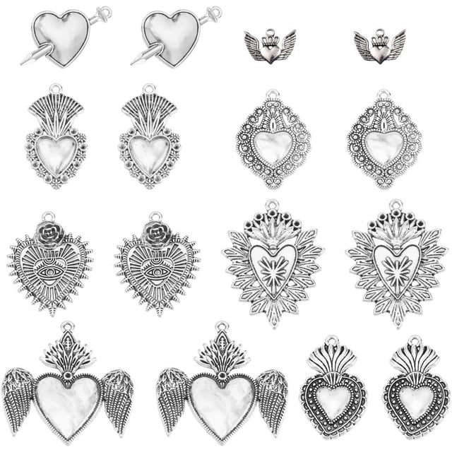 1 caja con 16 dijes de corazón gótico de 8 estilos diferentes, dijes de corazón sagrado, dijes de alas de aleación de plata tibetana a granel para fiestas.