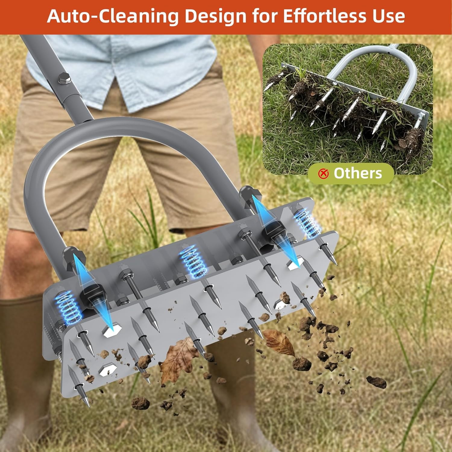 Manual Lawn Aerator Tool with 15 Spikes, 32"-35" Adjustable T-Handle Aerator for Lawn, Automatic Dirt Ejection Design, Heavy Duty Yard Grass Aerator for Soil Compaction,Gray