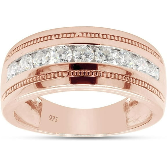 Engagement Wedding Band Men's Ring Round Cut White Diamond 14K Rose Gold Over 925 Sterling Silver