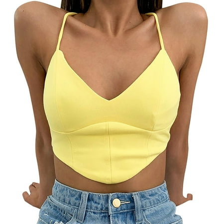 

CYMMPU Women Clothing Women s Cropped Tank Sleeveless Slim Fit Crop Tops Streetwear Sexy Bustier Summer Shirts Cami Solid Round Neck Tank Yellow