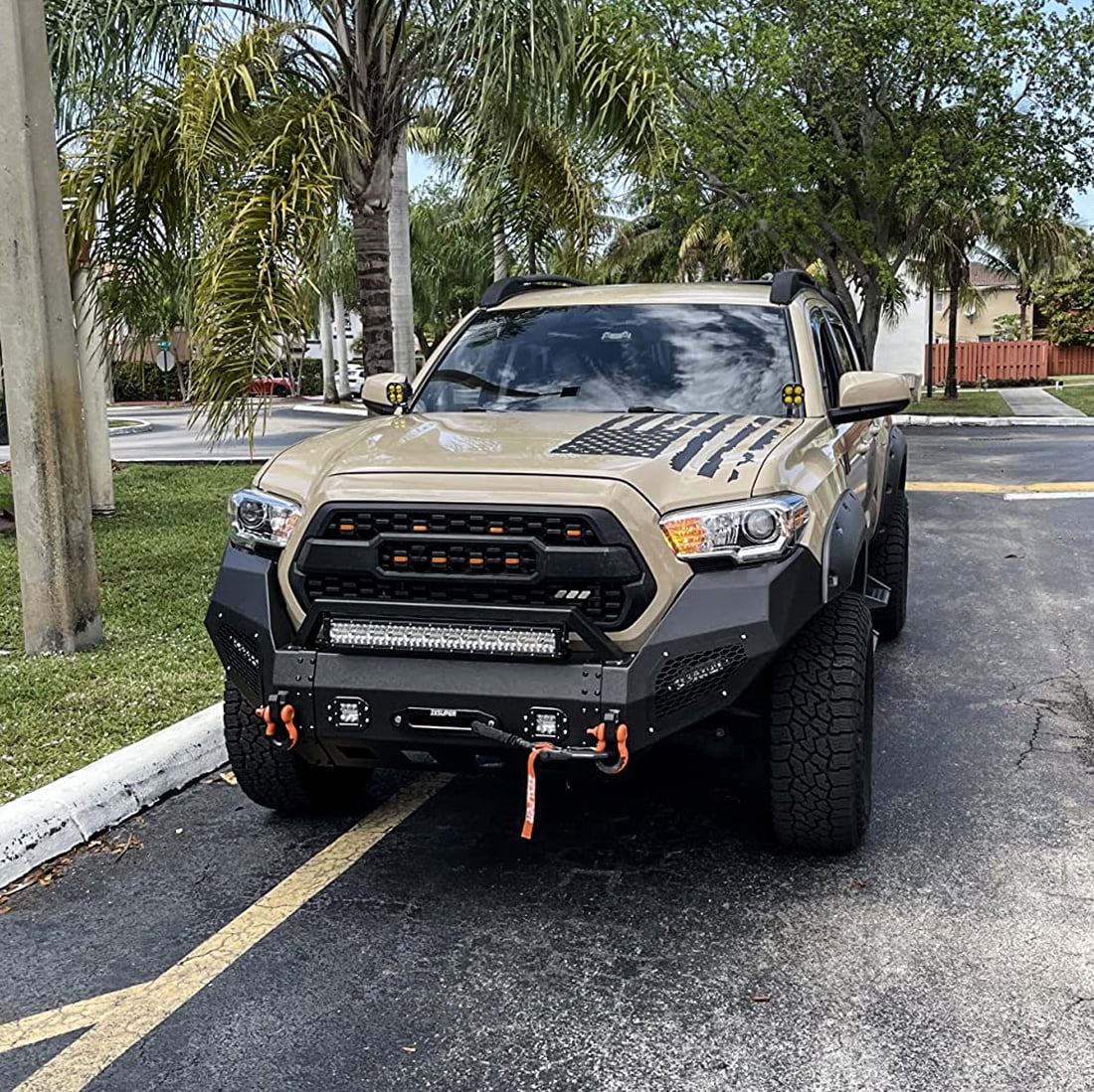 Vijay Compatible with 2016-2017-2018-2019-2020-2021-2022-2023 Toyota Tacoma Front Bumper Textured Black Steel with Lights and D-rings
