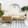 thumbnail image 2 of Outdoor Wood Sofa Set, Wood Structure Furniture Sectional Sofa Set, Patio Sectional Seating Group with Coffee Table and Soft Cushions (Brown Mix,Teak+ Beige), 2 of 9