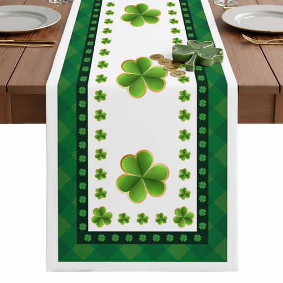St. Patrick's Day Lucky Green Leaves Shamrock Clover Table Runner 13 x 36 Inch, Washable Cotton Linen Dining Table Runner Tabletop Decorations for Restaurant Home Kitchen Party