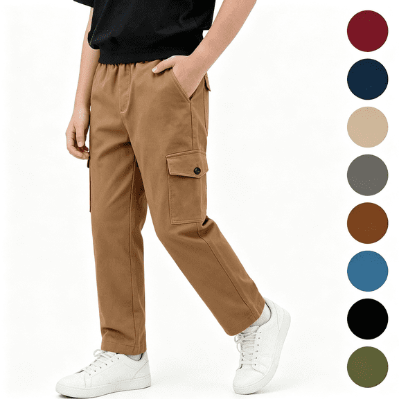 LONKITO Cargo Pants for Boys School Uniform Straigh Leg Pants Elastic Waist Casual Kids Pants Size 5-6 Years