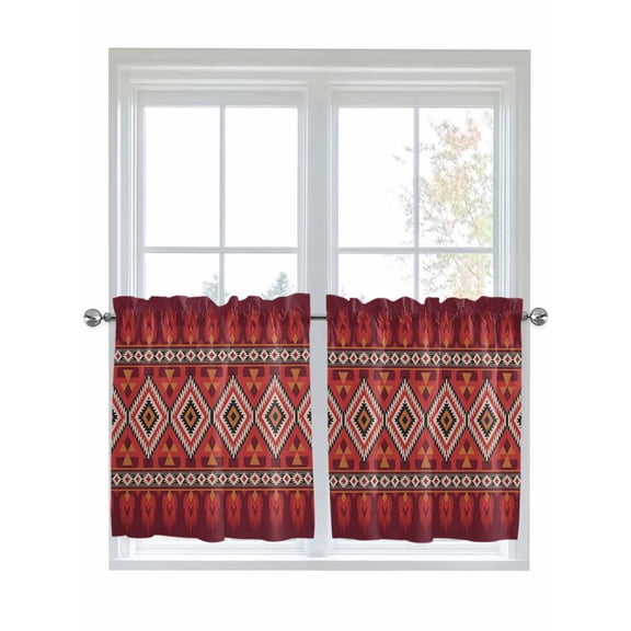 Red Retro Boho 2 Panel Kitchen Curtains for Small Windows, Vintage Ethnic Tribe Abstract Art Bathroom Tier Curtain, Short Window Treatment for Bedroom/Living Room 55"x24"