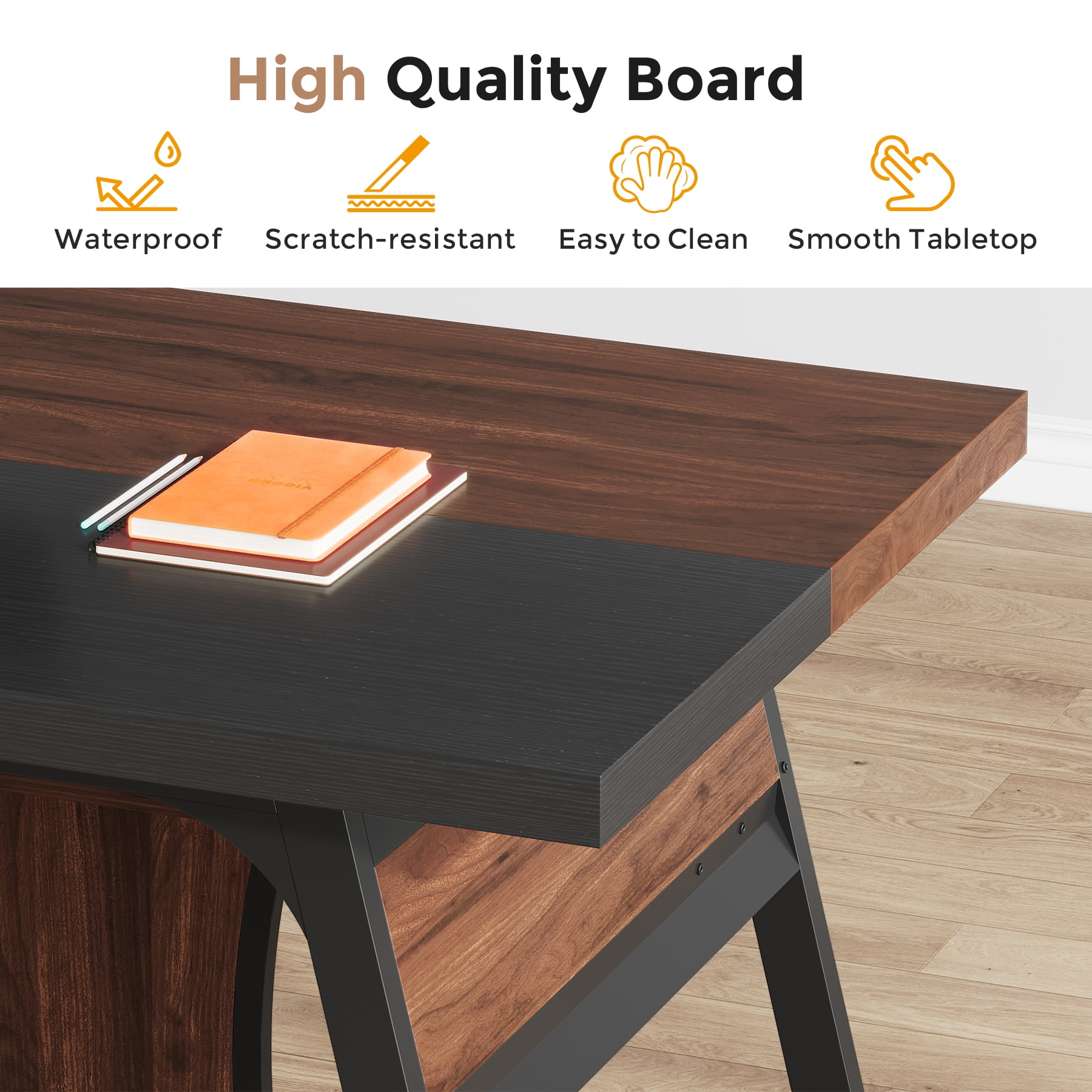 Condemo 63 Inch Executive Office Desk, Large Computer Table with Metal Frame & Storage Shelf, Study Writing Workstation with LED Light, Modern Business Furniture for Home Office, Walnut and Black