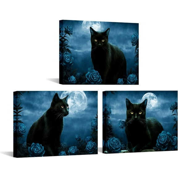 Hieng 3 Pieces Cat Canvas Wall Art Black and White Animal Pet with Flower Painting Picture Print Modern Pet Artwork for Living Room Bedroom Office Decor Unframed