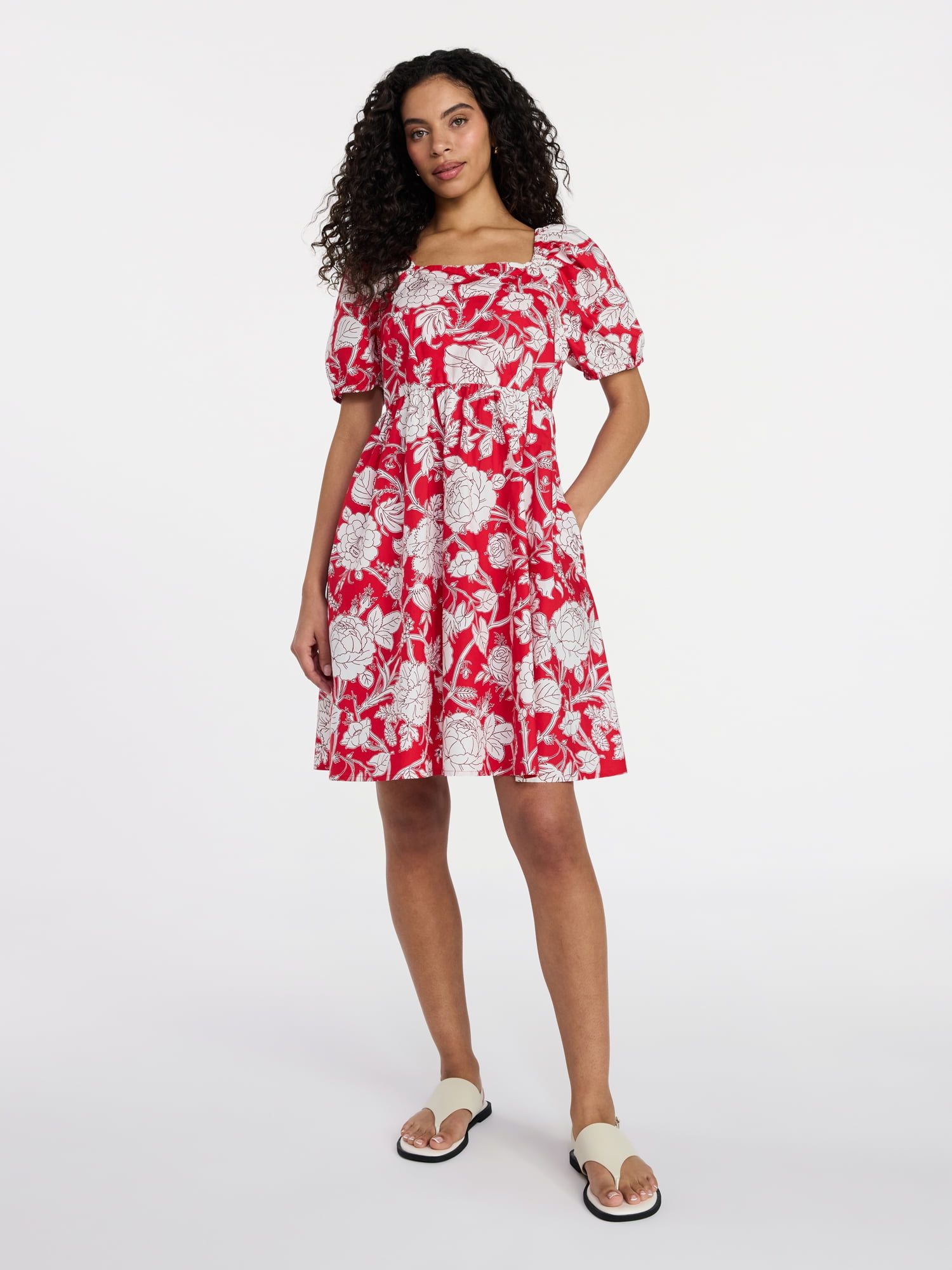 Time and Tru Women's and Women's Plus Tie Back Mini Dress with Puff Sleeves, Sizes XS-4X