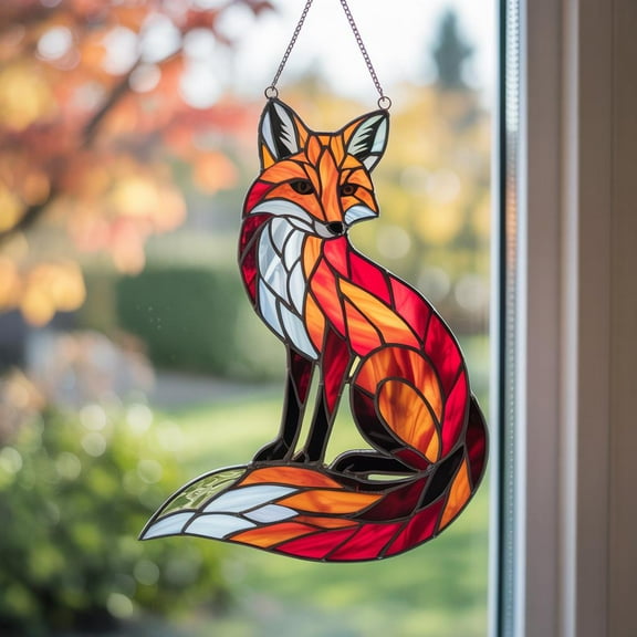 Fox Stained Glass Suncatcher, Autumn Red Fox Acrylic Window Hanging, Woodland Animal Decor, Fall Window Ornament, Rustic Fox Sun Catcher