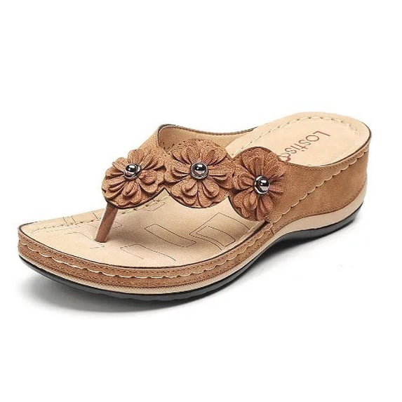 Retro Flowers Flat Bottom Round Head Casual Female Sandals - Large Size Flip-Flops