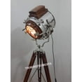 thumbnail image 1 of Thor Chrome Theater Search Spot Light Brown Wood Tripod Stand Rustic Vintage Home Decor Gift, 1 of 6