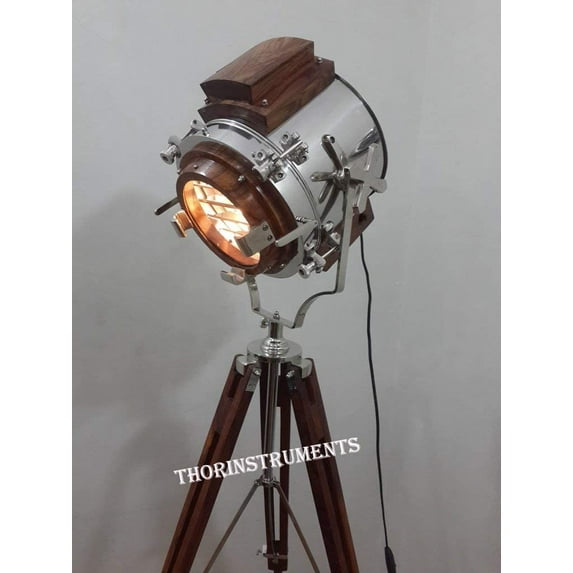 Thor Chrome Theater Search Spot Light Brown Wood Tripod Stand Rustic Vintage Home Decor Gift