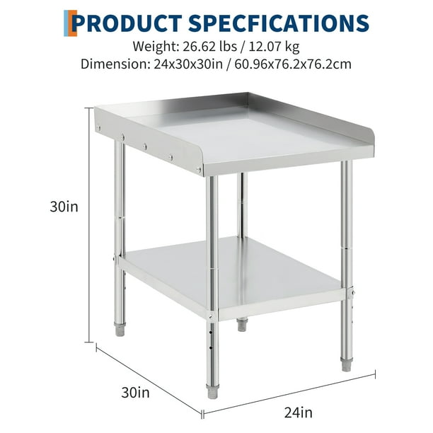 Stainless Steel Equipment Grill Soporte Mesa Resistente Commercial cm de Anchoorkstation con Ajustable Estante & Altura Removable 3-Sided Backsplash 400 lbs Capacity para Restaurant Food Truck BBQ