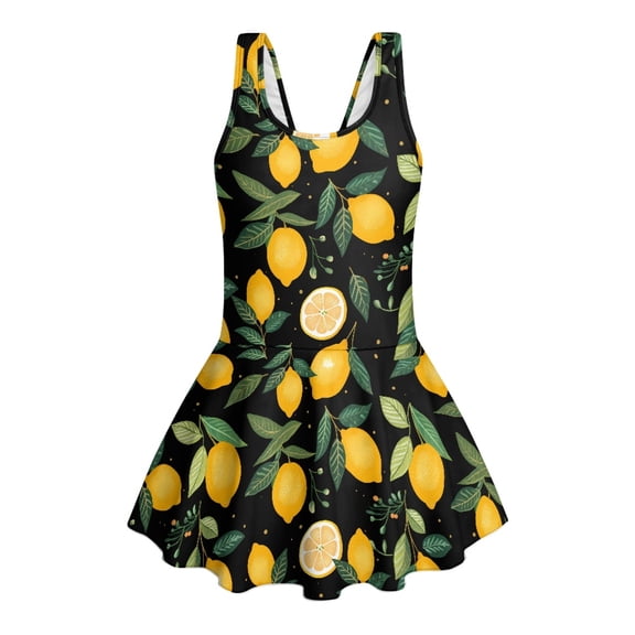 Psesaysky Big Girl One Piece Lemon Swimsuit with Skirt Trendy Bathing Suit with Inner Shorts Swimwear 3-16Y (10-11 Years)