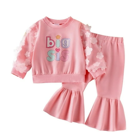 

XBASW Baby Toddler Girls Sweatsuit Spring Fall Clothes Letter Printed Pullover Sweatshirt + Solid Color Flared Pants Tracksuit 2PCS Set 6M-4T