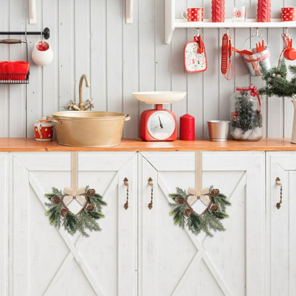 1Pcs 5.9" x 9.8" Christmas Mini Cabinet Wreaths for Kitchen with Ribbon Bows Norfolk Pine Small Window Wreaths Garland for Door Window Farmhouse Christmas Party Decorations